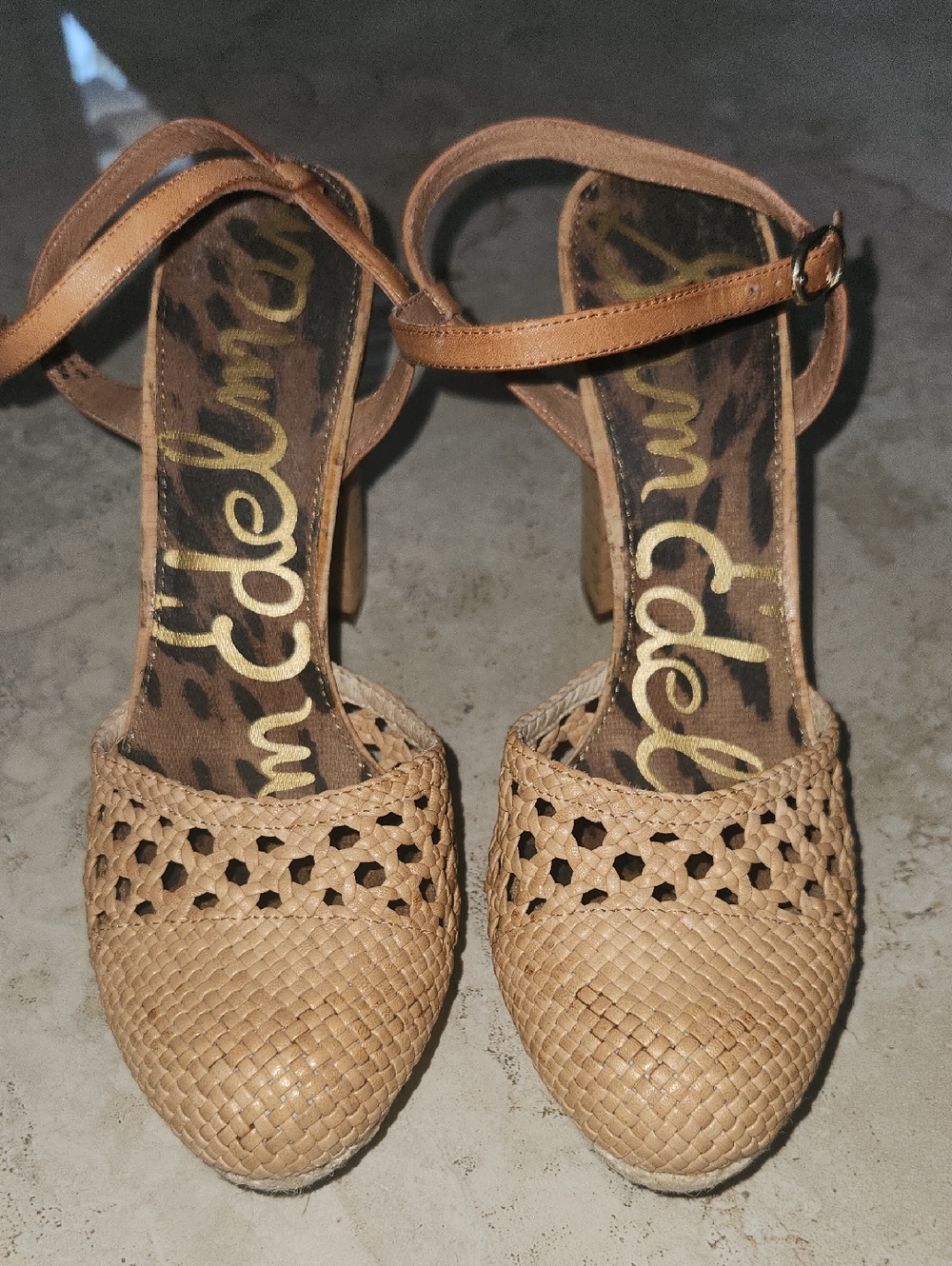 Sam Edelman Tan Woven Ankle-Strap Heels with Braided Toe